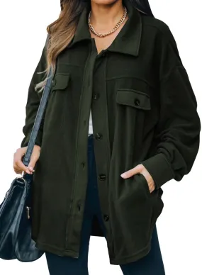 Blackish Green Womens Button Down Shirts Shacket Jackets Mid Length Trench Pea Coat - FARYSAYS