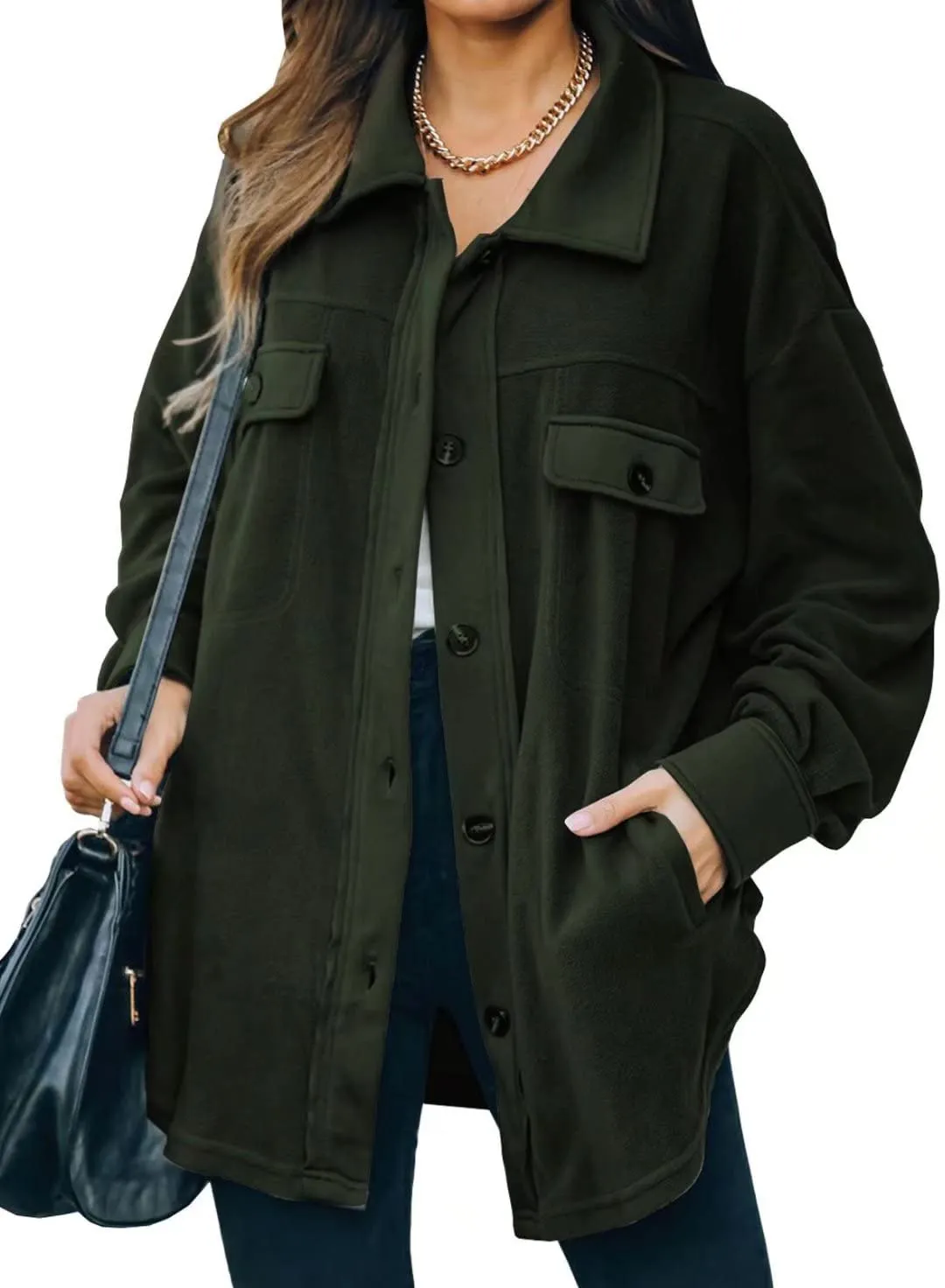 Blackish Green Womens Button Down Shirts Shacket Jackets Mid Length Trench Pea Coat - FARYSAYS