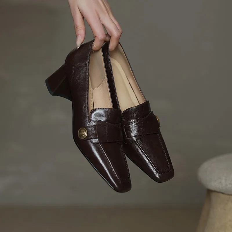 Cow Leather Almond Toe Penny Loafers For Women 50mm Block Heel In Black/Coffee