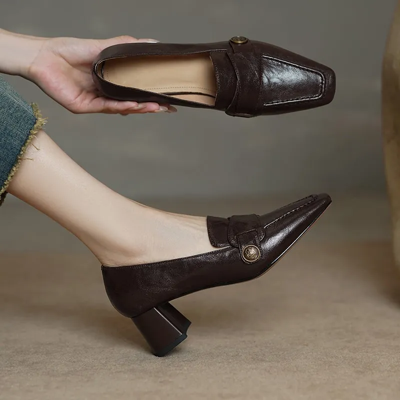 Cow Leather Almond Toe Penny Loafers For Women 50mm Block Heel In Black/Coffee