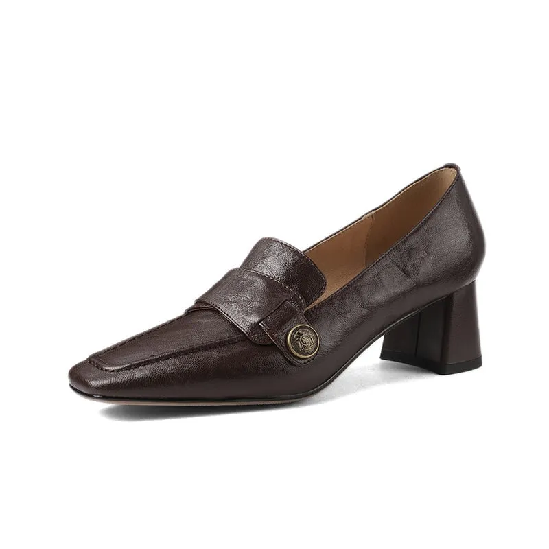 Cow Leather Almond Toe Penny Loafers For Women 50mm Block Heel In Black/Coffee
