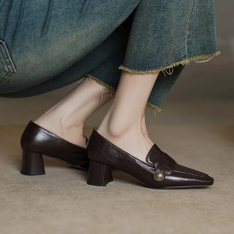 Cow Leather Almond Toe Penny Loafers For Women 50mm Block Heel In Black/Coffee