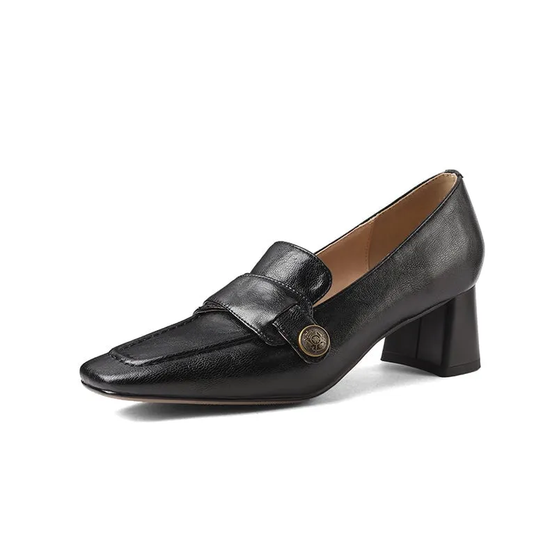 Cow Leather Almond Toe Penny Loafers For Women 50mm Block Heel In Black/Coffee