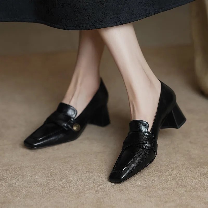 Cow Leather Almond Toe Penny Loafers For Women 50mm Block Heel In Black/Coffee