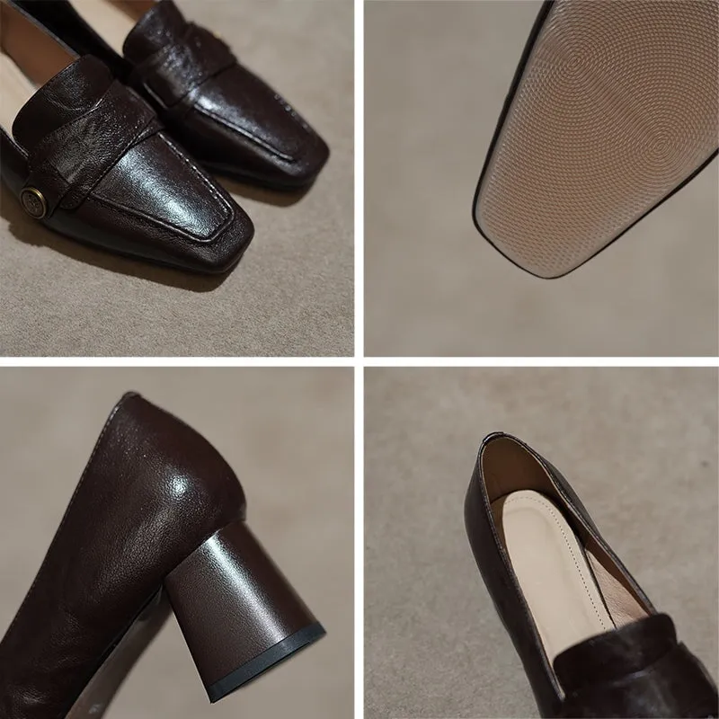 Cow Leather Almond Toe Penny Loafers For Women 50mm Block Heel In Black/Coffee