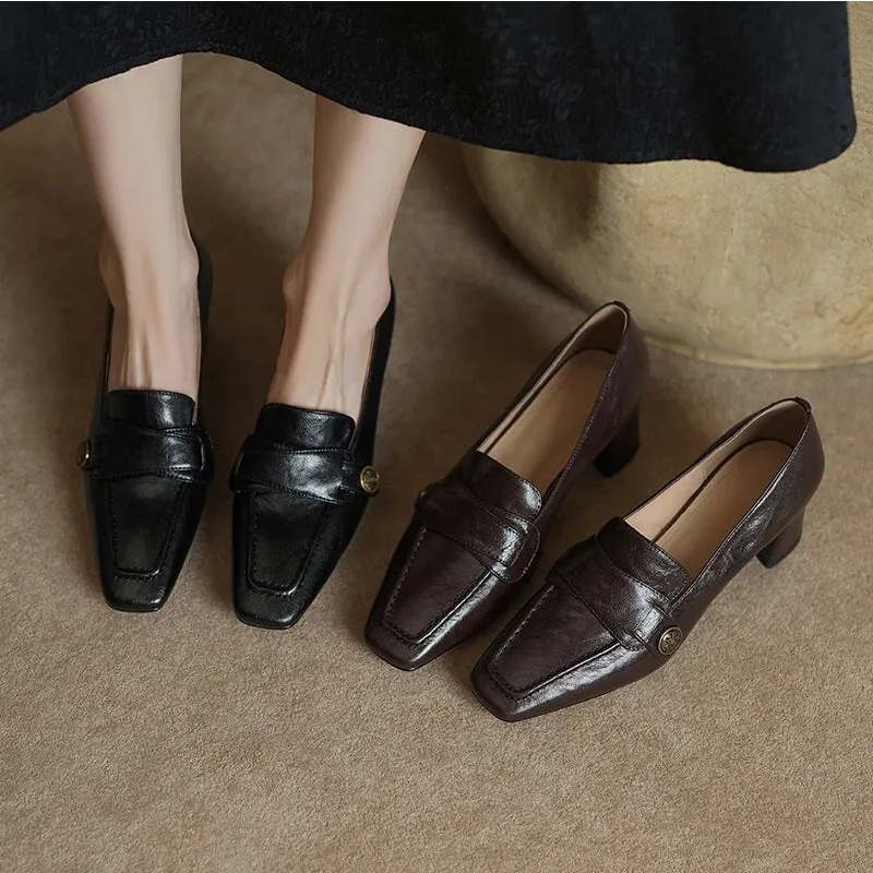Cow Leather Almond Toe Penny Loafers For Women 50mm Block Heel In Black/Coffee