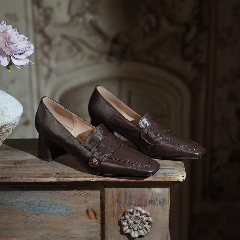Cow Leather Almond Toe Penny Loafers For Women 50mm Block Heel In Black/Coffee