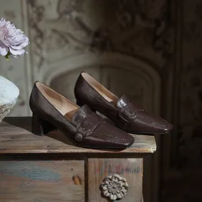 Cow Leather Almond Toe Penny Loafers For Women 50mm Block Heel In Black/Coffee