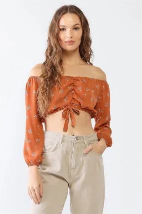 Floral Off-The-Shoulder Long Sleeve Ruched Crop Top