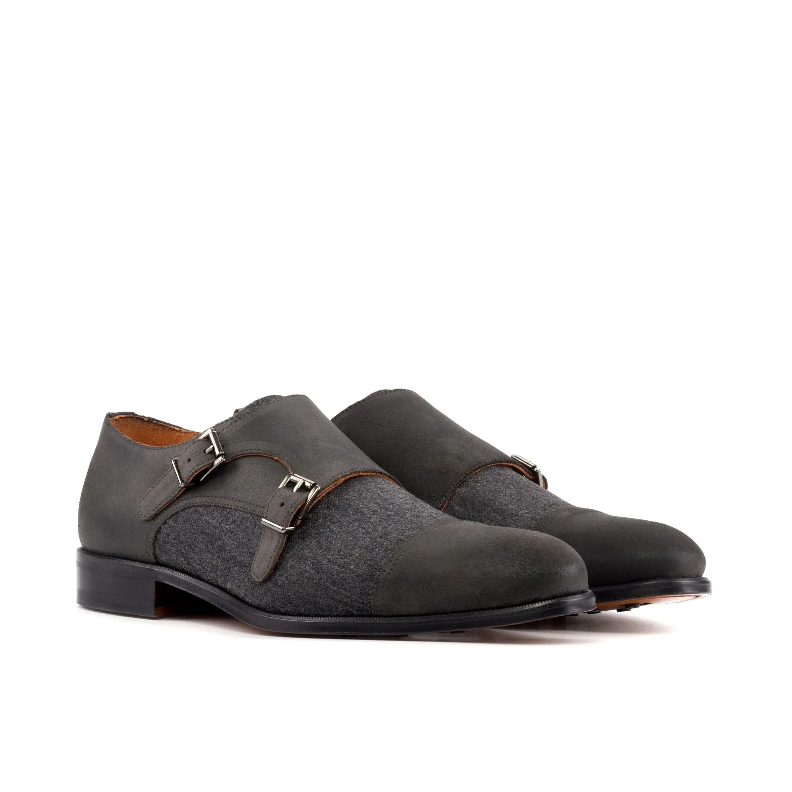 Men's Double Monk Leather Shoes Wide Plus Size Grey 5763
