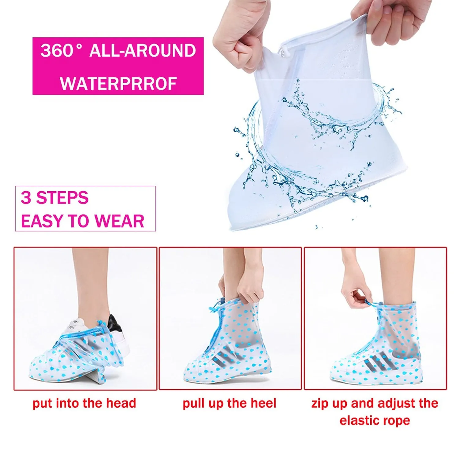 Reusable Waterproof Shoe Covers with Zipper (Pink, Size L)