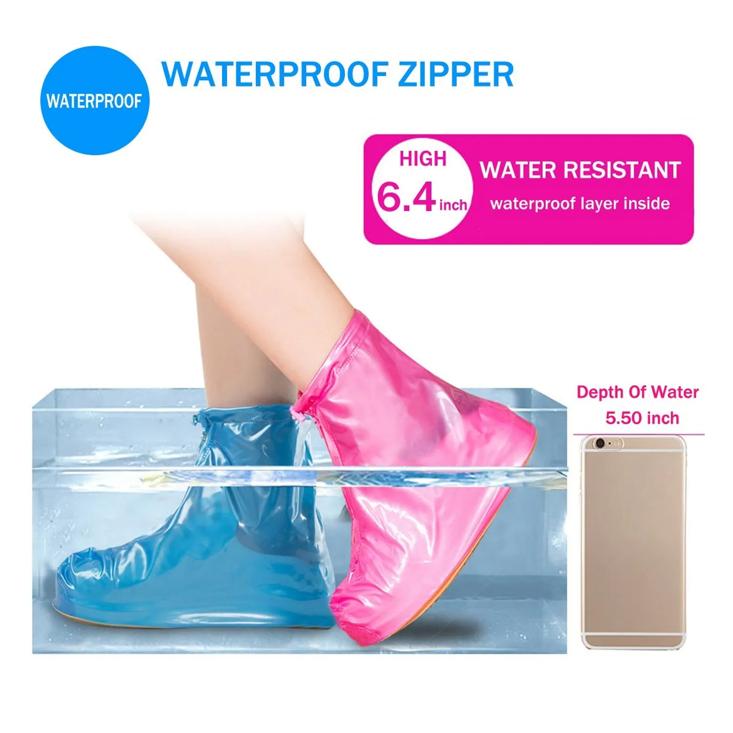 Reusable Waterproof Shoe Covers with Zipper (Pink, Size L)