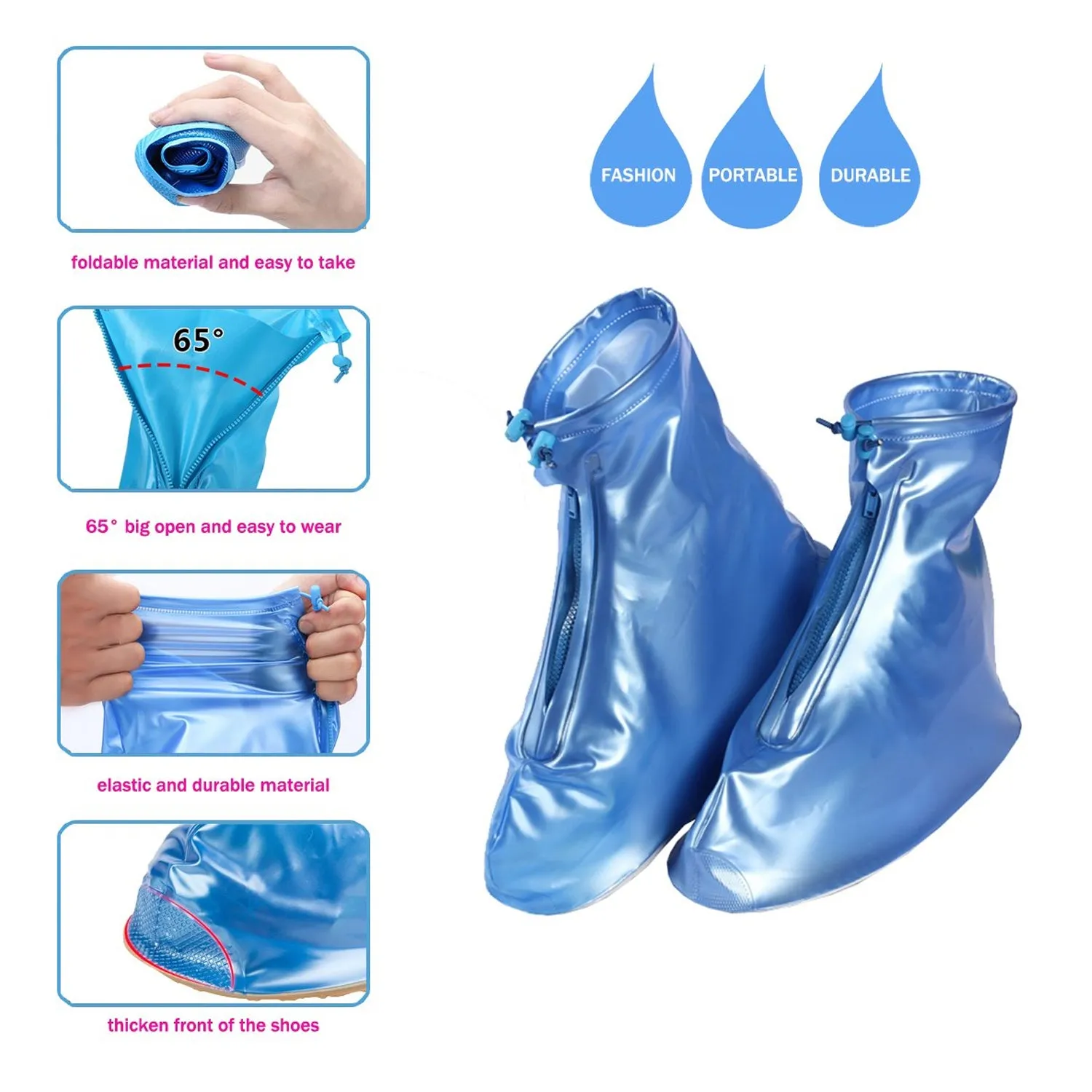 Reusable Waterproof Shoe Covers with Zipper (Pink, Size L)