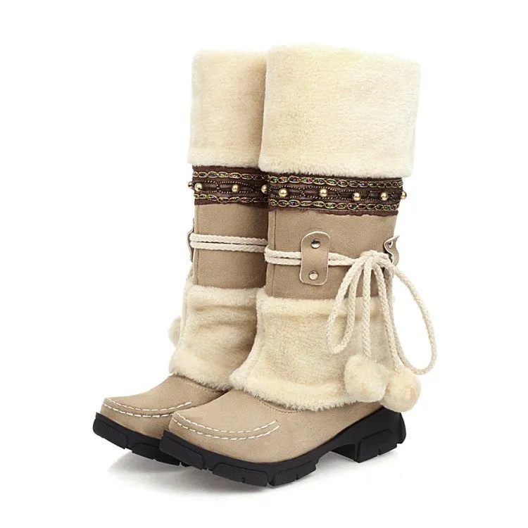 Women's Flock Round Toe Stitch Fur Ball Fold Rivets Block Chunky Heel Platform Mid-Calf Boots