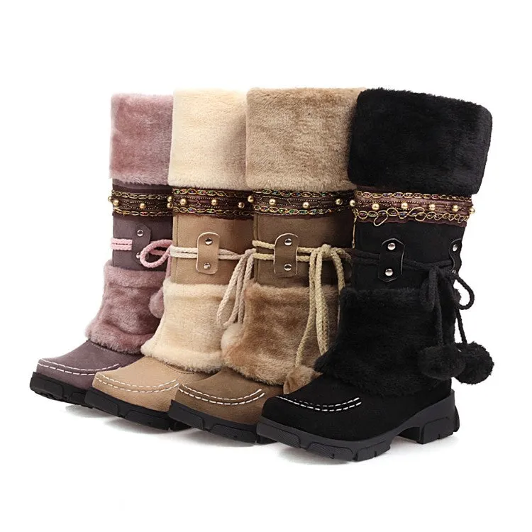 Women's Flock Round Toe Stitch Fur Ball Fold Rivets Block Chunky Heel Platform Mid-Calf Boots