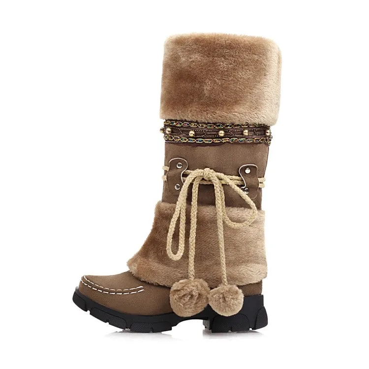 Women's Flock Round Toe Stitch Fur Ball Fold Rivets Block Chunky Heel Platform Mid-Calf Boots