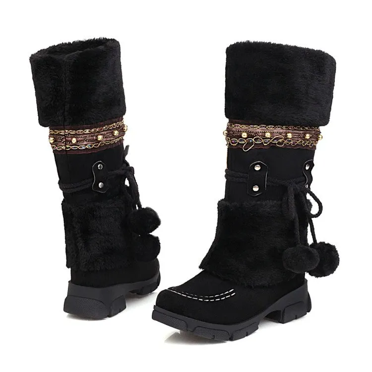 Women's Flock Round Toe Stitch Fur Ball Fold Rivets Block Chunky Heel Platform Mid-Calf Boots