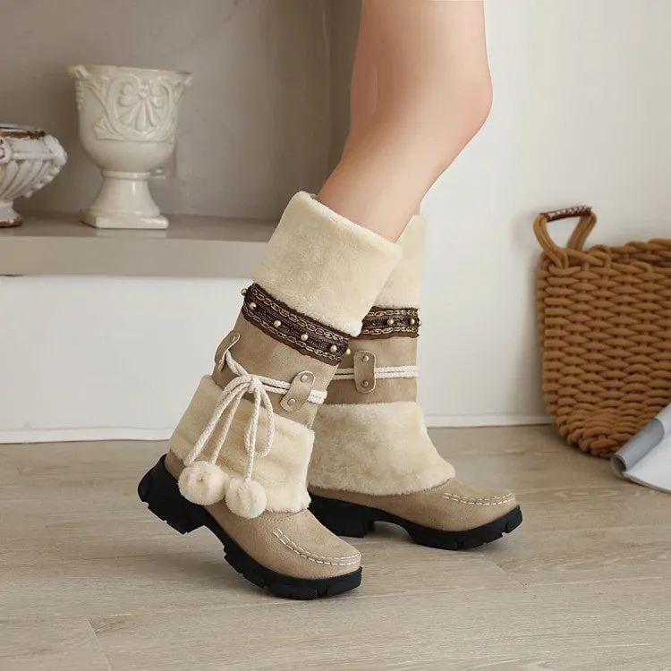 Women's Flock Round Toe Stitch Fur Ball Fold Rivets Block Chunky Heel Platform Mid-Calf Boots