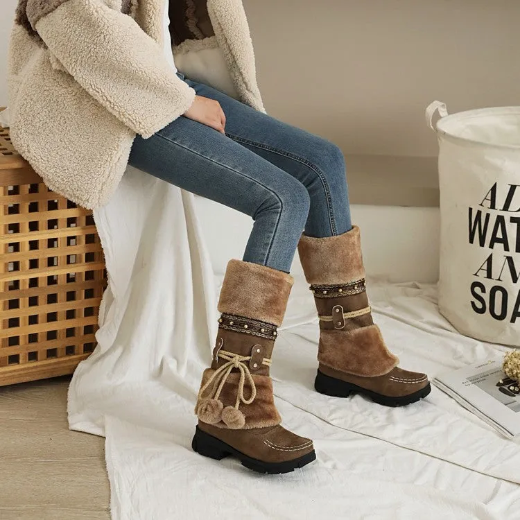 Women's Flock Round Toe Stitch Fur Ball Fold Rivets Block Chunky Heel Platform Mid-Calf Boots