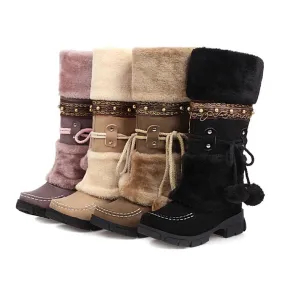 Women's Flock Round Toe Stitch Fur Ball Fold Rivets Block Chunky Heel Platform Mid-Calf Boots