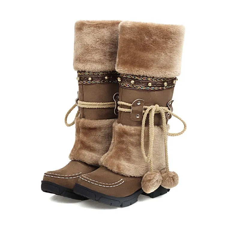 Women's Flock Round Toe Stitch Fur Ball Fold Rivets Block Chunky Heel Platform Mid-Calf Boots