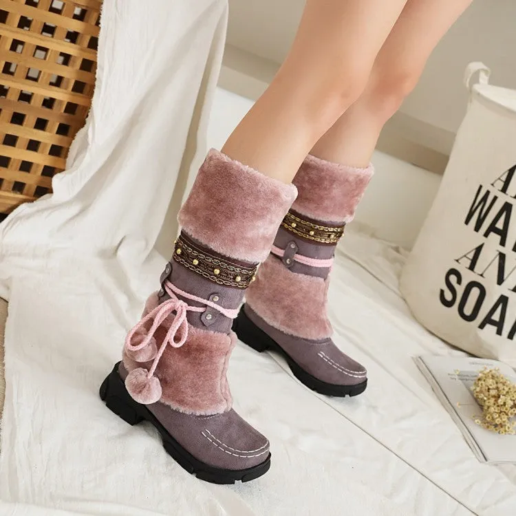 Women's Flock Round Toe Stitch Fur Ball Fold Rivets Block Chunky Heel Platform Mid-Calf Boots
