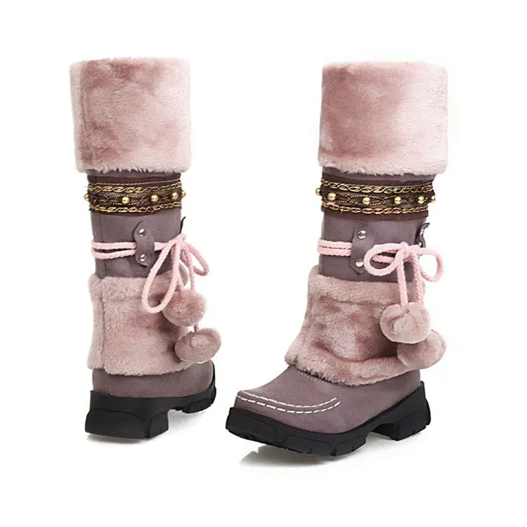 Women's Flock Round Toe Stitch Fur Ball Fold Rivets Block Chunky Heel Platform Mid-Calf Boots