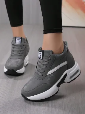 Women's Solid Color Casual Sneakers, Lace Up Inner Heightening Platform Sporty Trainers, Versatile Comfy Low-Top Shoes